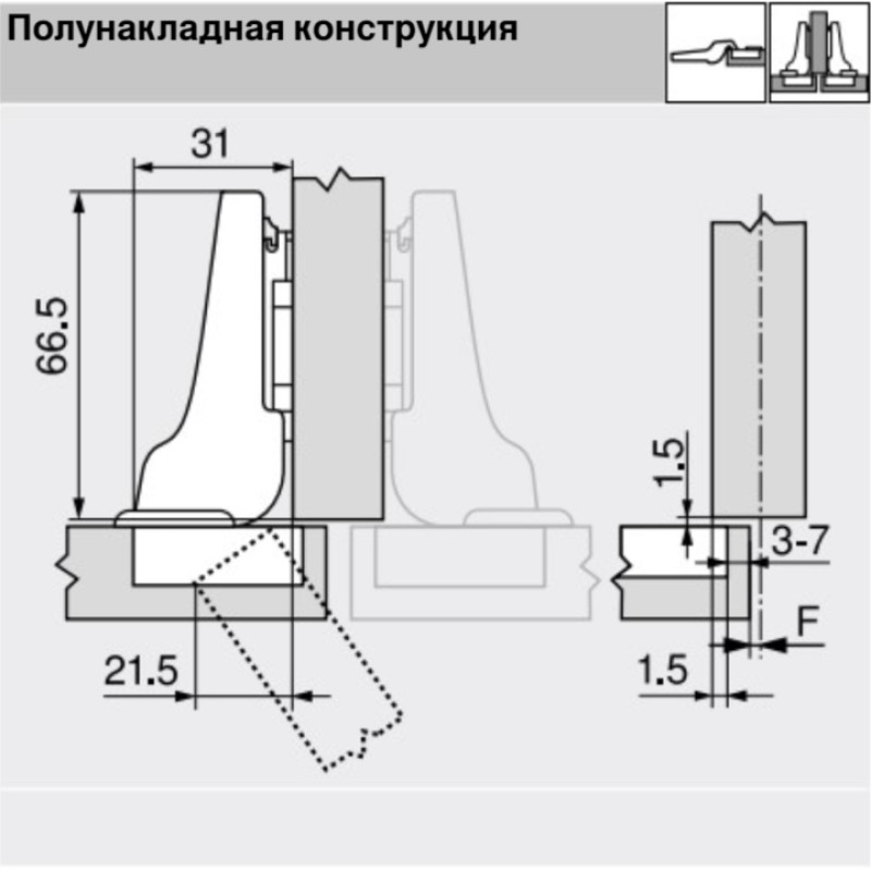 CLIP top стандартна петля 110°, напівнакладна, без пружини, чашка петлі: на шурупи, Нікелірів.