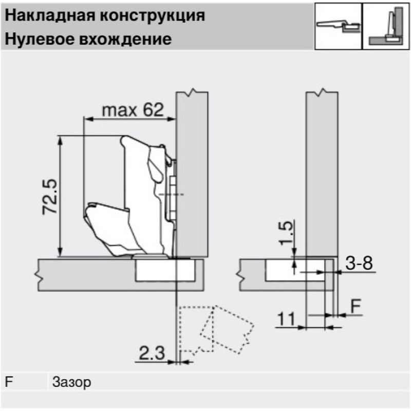 CLIP top петля з великим кутом відкривання з нульовим входженням 155°, накладна, чашка петлі: шурупи, Нікеліров.