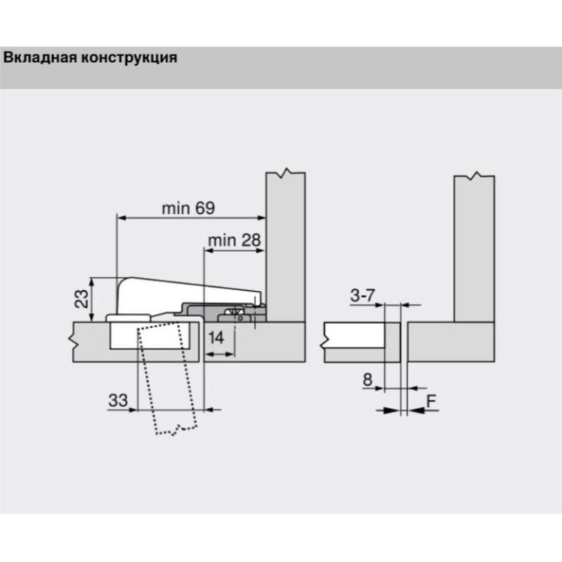 MODUL петля під фальшпанель 95°, чашка петлі: на шурупи, Нікеліров.